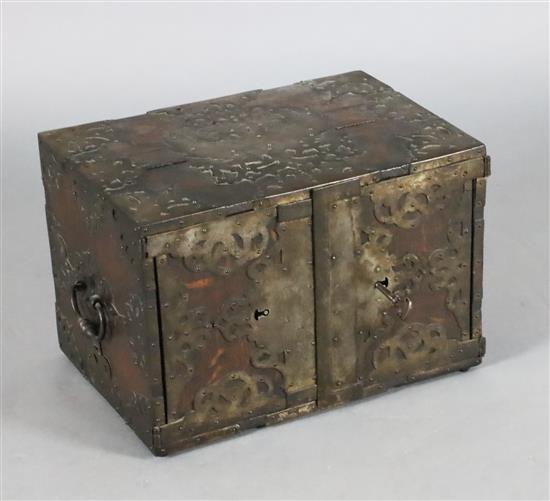 A late 19th century 17th century style German iron bound oak strong box, W.1ft 5.25in. D.1ft .25in. H.11.5in.